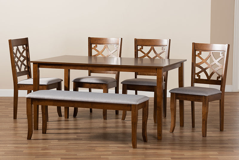 Denmark Modern and Contemporary Gray Fabric Upholstered and Walnut Brown Finished Wood 6-Piece Dining Set