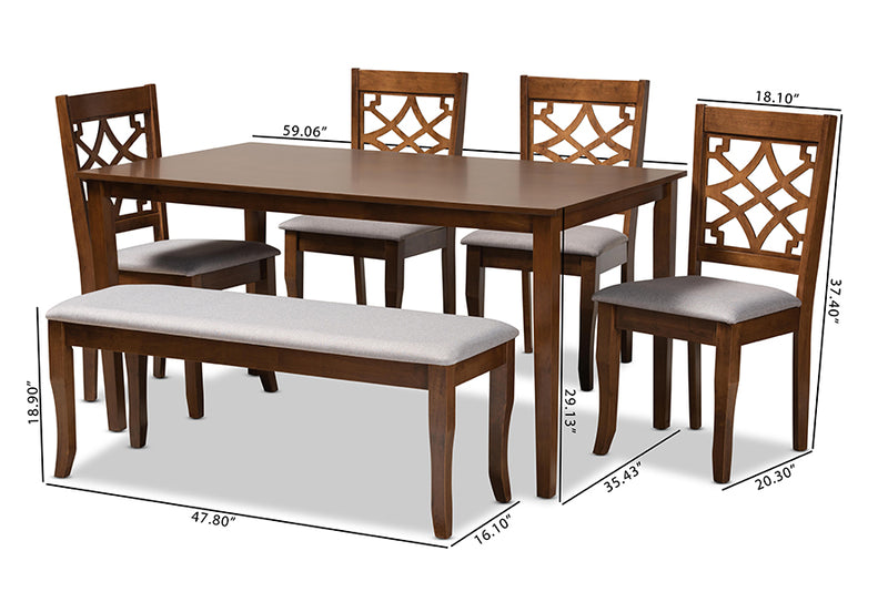 Denmark Modern and Contemporary Gray Fabric Upholstered and Walnut Brown Finished Wood 6-Piece Dining Set