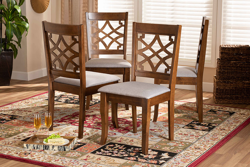 Meike Modern and Contemporary Gray Fabric Upholstered Walnut Brown Finished Wood 4-Piece Dining Chair Set