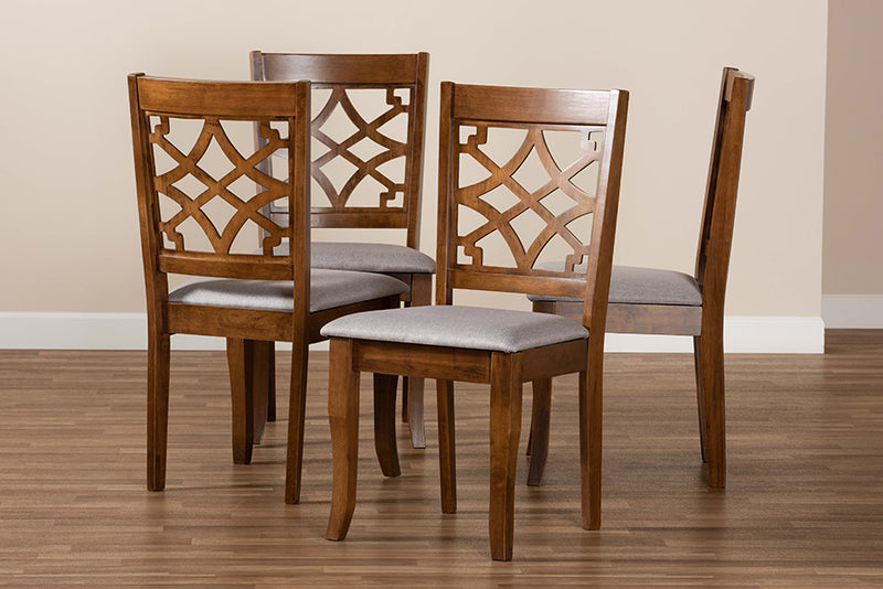 Meike Modern and Contemporary Gray Fabric Upholstered Walnut Brown Finished Wood 4-Piece Dining Chair Set