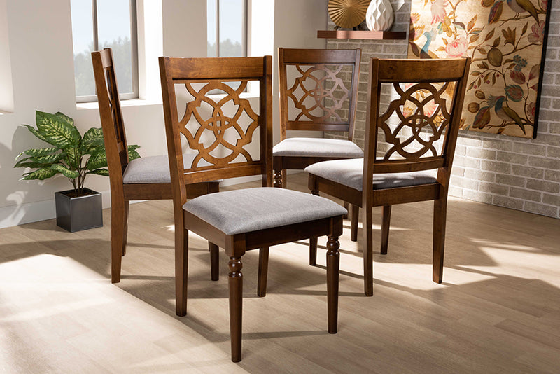 Garridan Modern and Contemporary Gray Fabric Upholstered and Walnut Brown Finished Wood 4-Piece Dining Chair Set