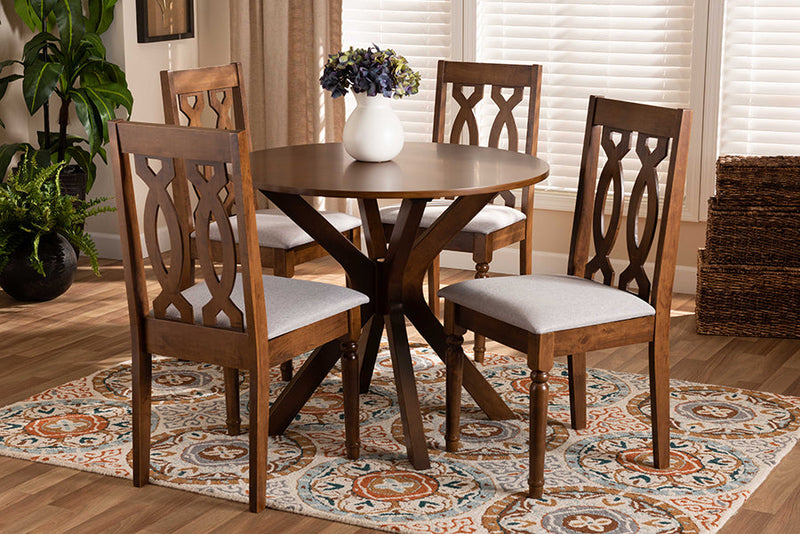 Sabriel Gray Fabric Upholstered and Walnut Brown 5-Piece Dining Set Baxton