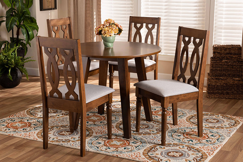 Sylvie Modern and Contemporary Gray Fabric Upholstered and Walnut Brown Finished Wood 5-Piece Dining Set