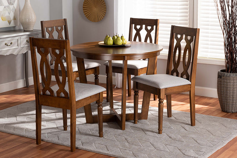 Paine Gray Fabric Upholstered and Walnut Brown 5-Piece Dining Set Baxton