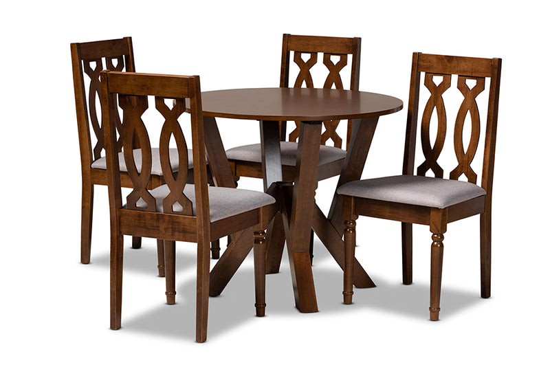 Victoria Modern and Contemporary Gray Fabric Upholstered and Walnut Brown Finished Wood 5-Piece Dining Set