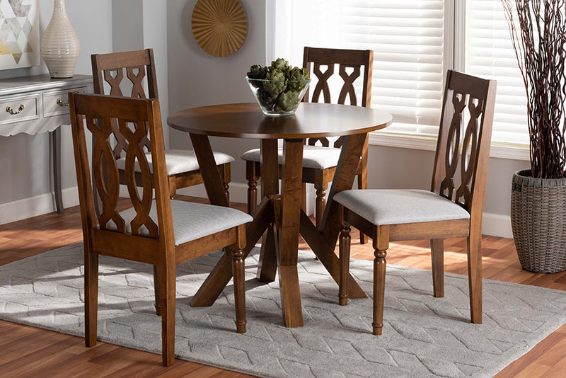 Victoria Modern and Contemporary Gray Fabric Upholstered and Walnut Brown Finished Wood 5-Piece Dining Set