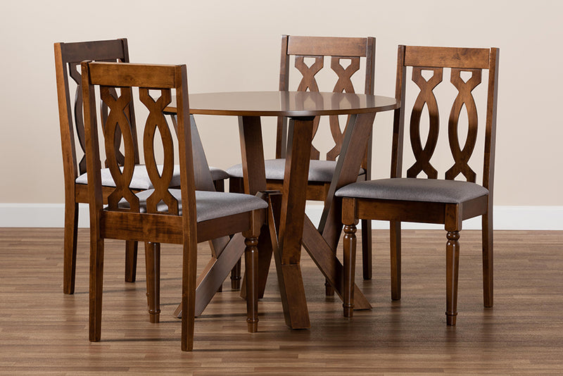 Victoria Modern and Contemporary Gray Fabric Upholstered and Walnut Brown Finished Wood 5-Piece Dining Set