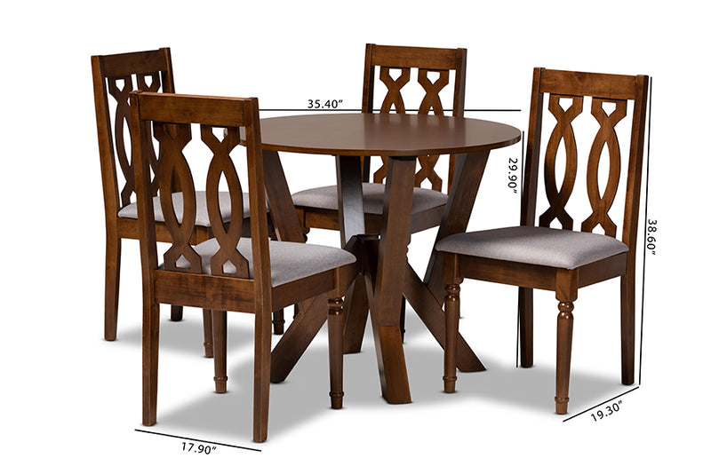 Victoria Modern and Contemporary Gray Fabric Upholstered and Walnut Brown Finished Wood 5-Piece Dining Set