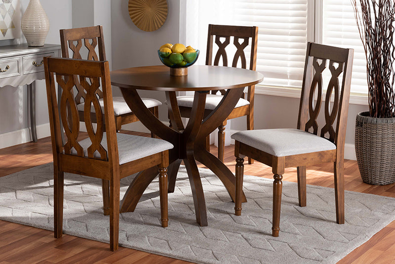 Camira Modern and Contemporary Gray Fabric Upholstered and Walnut Brown Finished Wood 5-Piece Dining Set