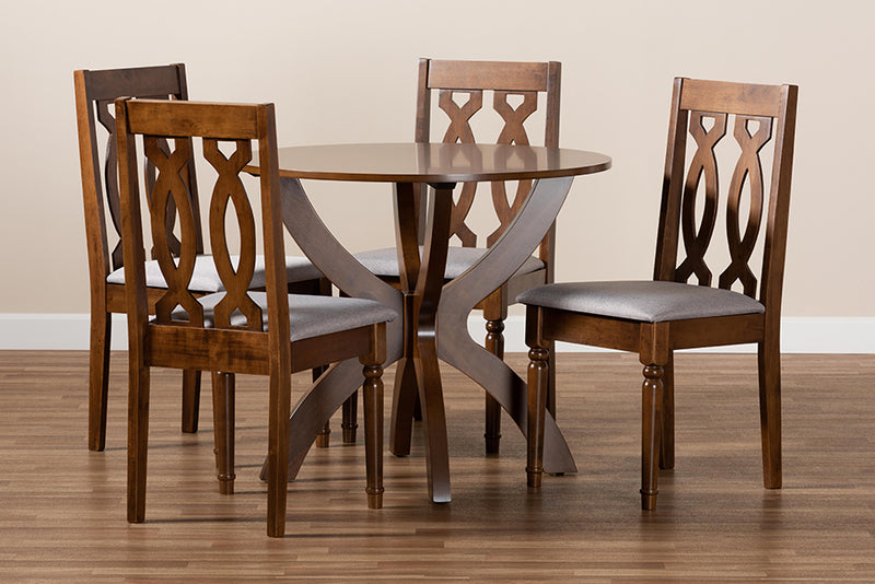 Camira Modern and Contemporary Gray Fabric Upholstered and Walnut Brown Finished Wood 5-Piece Dining Set