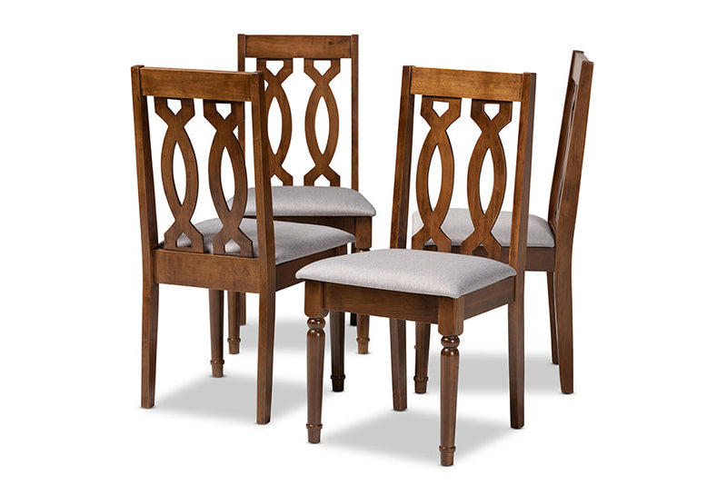 Kaira Gray Fabric Walnut Brown Finished 4Pc Wood Dining Chair Set Baxton