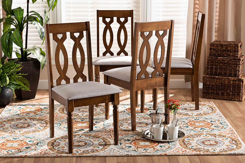 Kaira Modern and Contemporary Gray Fabric Upholstered Walnut Brown Finished 4-Piece Wood Dining Chair Set