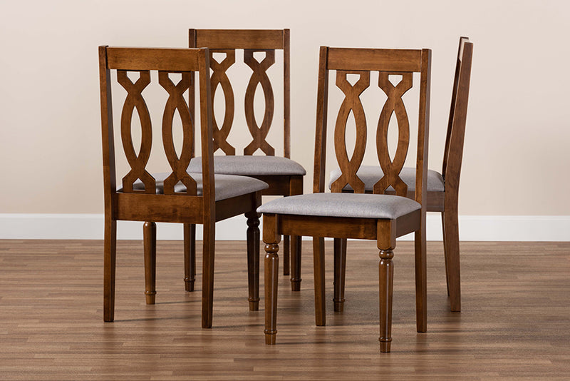 Kaira Modern and Contemporary Gray Fabric Upholstered Walnut Brown Finished 4-Piece Wood Dining Chair Set