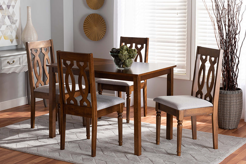 Jorah Modern and Contemporary Gray Fabric Upholstered and Walnut Brown Finished Wood 5-Piece Dining Set