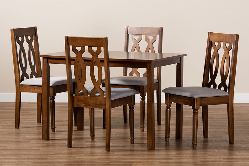 Jorah Gray Fabric Upholstered and Walnut Brown 5-Piece Dining Set Baxton