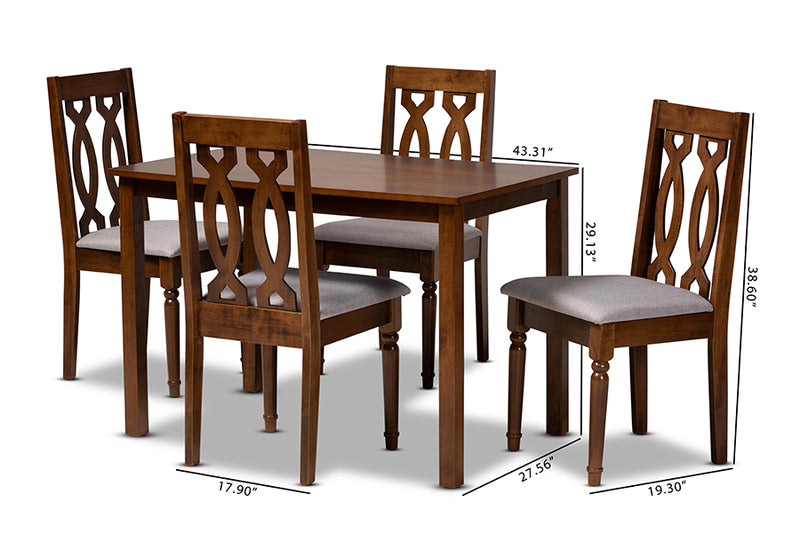 Jorah Modern and Contemporary Gray Fabric Upholstered and Walnut Brown Finished Wood 5-Piece Dining Set