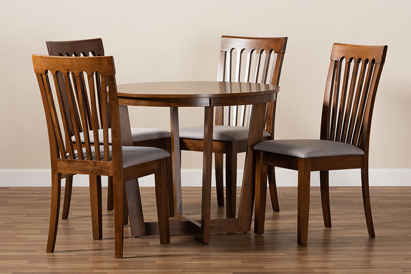 Brookfield Modern and Contemporary Gray Fabric Upholstered and Walnut Brown Finished Wood 5-Piece Dining Set