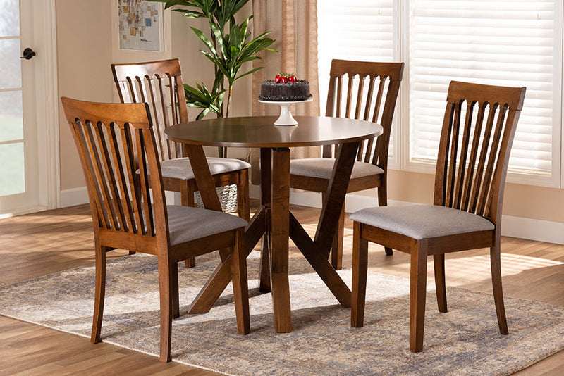 Josepha Gray Fabric Upholstered and Walnut Brown 5-Piece Dining Set Baxton