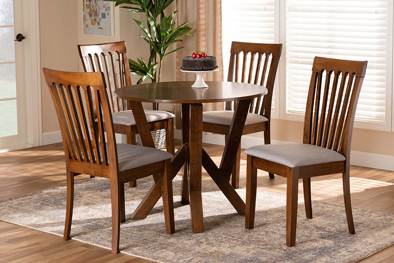 Josepha Modern and Contemporary Gray Fabric Upholstered and Walnut Brown Finished Wood 5-Piece Dining Set