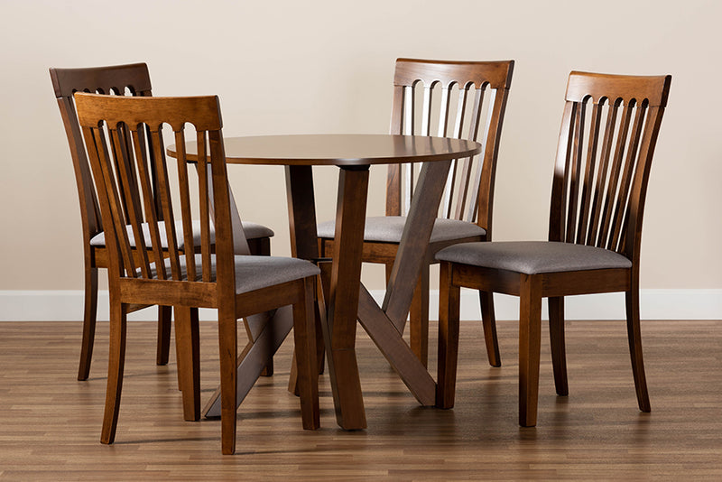 Josepha Modern and Contemporary Gray Fabric Upholstered and Walnut Brown Finished Wood 5-Piece Dining Set