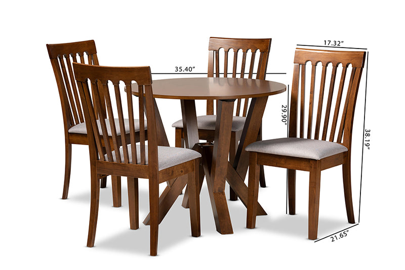 Josepha Modern and Contemporary Gray Fabric Upholstered and Walnut Brown Finished Wood 5-Piece Dining Set