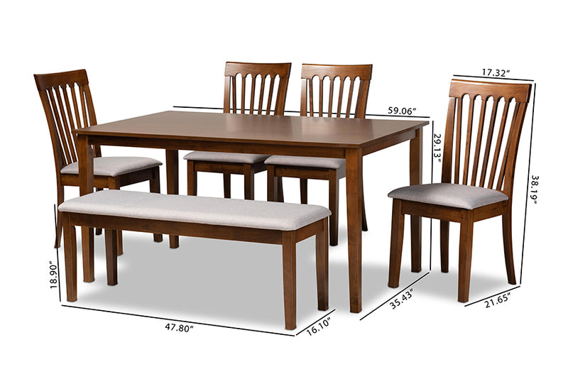 Athena Modern and Contemporary Gray Fabric Upholstered and Walnut Brown Finished Wood 6-Piece Dining Set