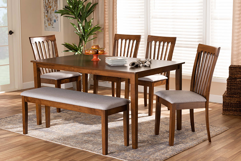 Athena Modern and Contemporary Gray Fabric Upholstered and Walnut Brown Finished Wood 6-Piece Dining Set