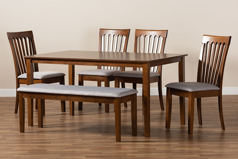 Athena Modern and Contemporary Gray Fabric Upholstered and Walnut Brown Finished Wood 6-Piece Dining Set