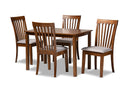Tayla Gray Fabric Upholstered and Walnut Brown 5-Piece Dining Set Baxton