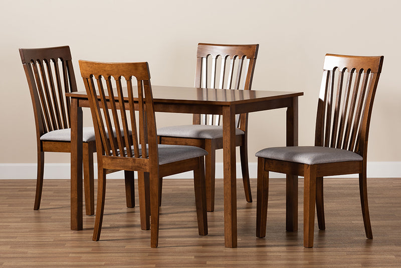 Tayla Modern and Contemporary Gray Fabric Upholstered and Walnut Brown Finished Wood 5-Piece Dining Set