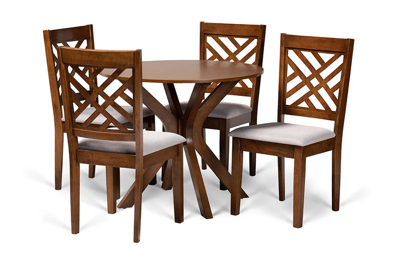 Michio Modern and Contemporary Gray Fabric Upholstered and Walnut Brown Finished Wood 5-Piece Dining Set