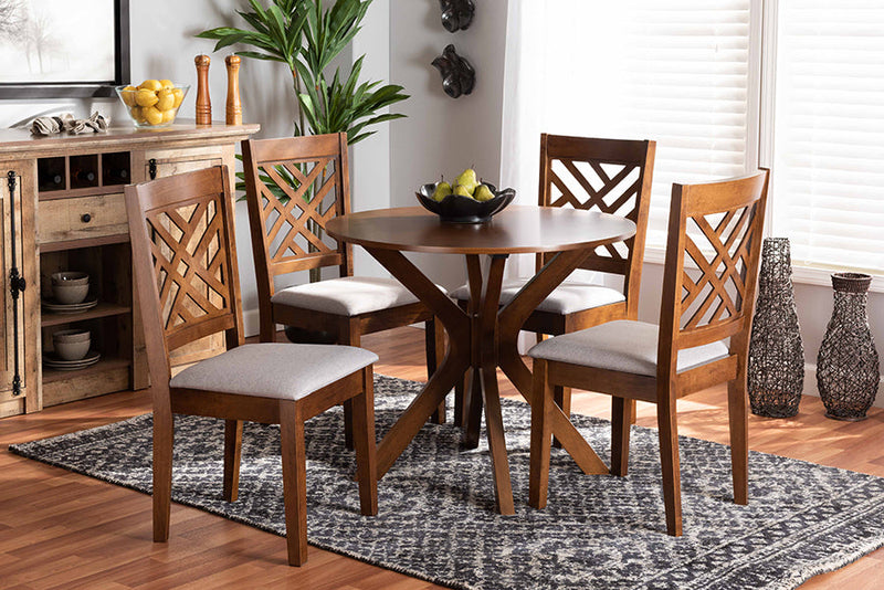 Michio Gray Fabric Upholstered and Walnut Brown 5-Piece Dining Set Baxton