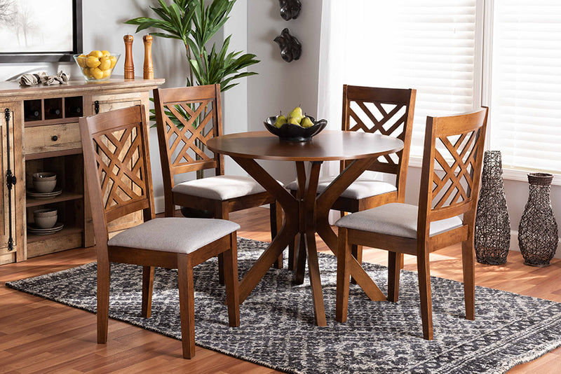 Michio Modern and Contemporary Gray Fabric Upholstered and Walnut Brown Finished Wood 5-Piece Dining Set