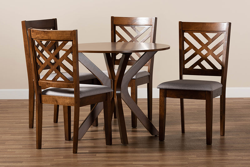 Michio Modern and Contemporary Gray Fabric Upholstered and Walnut Brown Finished Wood 5-Piece Dining Set