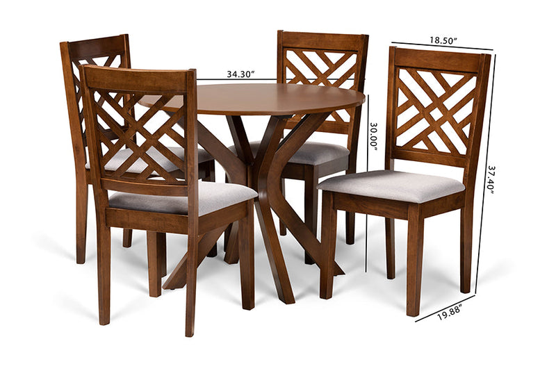 Michio Gray Fabric Upholstered and Walnut Brown 5-Piece Dining Set Baxton