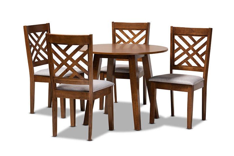 Winton Gray Fabric Upholstered and Walnut Brown 5-Piece Dining Set Baxton