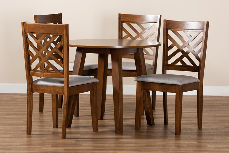 Winton Modern and Contemporary Gray Fabric Upholstered and Walnut Brown Finished Wood 5-Piece Dining Set