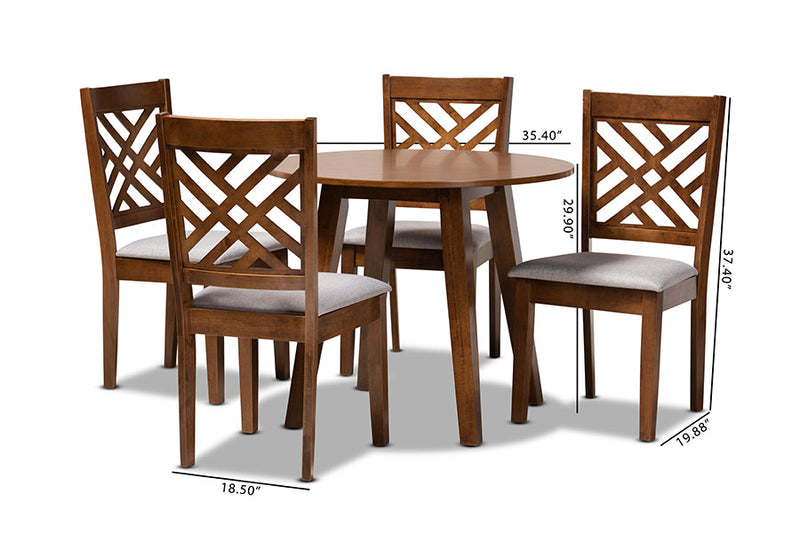 Winton Gray Fabric Upholstered and Walnut Brown 5-Piece Dining Set Baxton