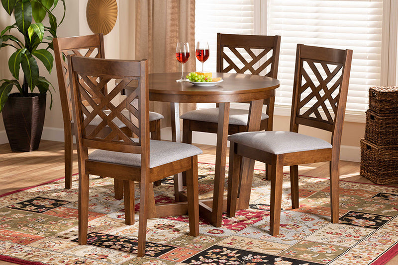 Siskal Gray Fabric Upholstered and Walnut Brown 5-Piece Dining Set Baxton