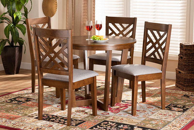 Siskal Modern and Contemporary Gray Fabric Upholstered and Walnut Brown Finished Wood 5-Piece Dining Set