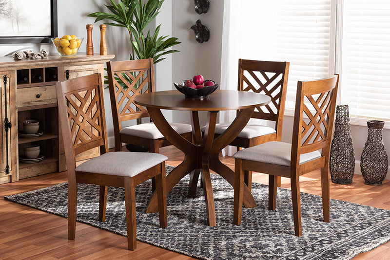 Revelle Gray Fabric Upholstered and Walnut Brown 5-Piece Dining Set Baxton