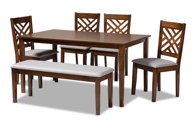 Crayton Modern and Contemporary Gray Fabric Upholstered and Walnut Brown Finished Wood 6-Piece Dining Set