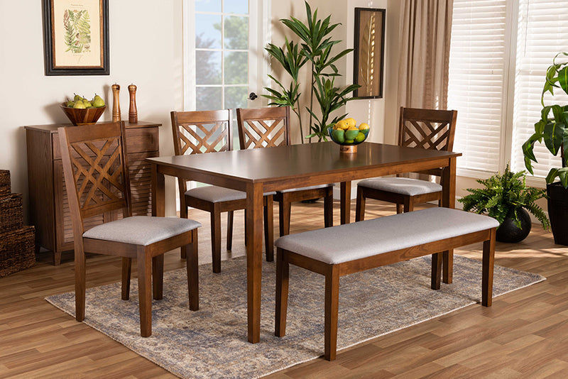 Crayton Modern and Contemporary Gray Fabric Upholstered and Walnut Brown Finished Wood 6-Piece Dining Set