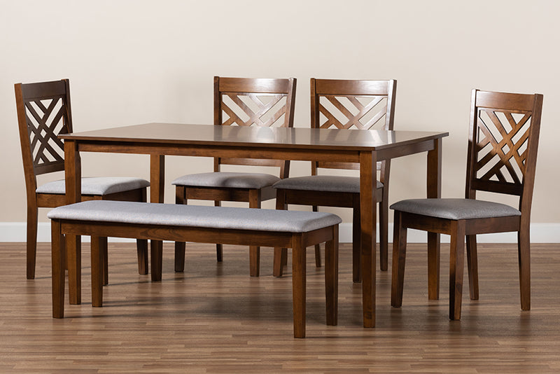 Crayton Modern and Contemporary Gray Fabric Upholstered and Walnut Brown Finished Wood 6-Piece Dining Set