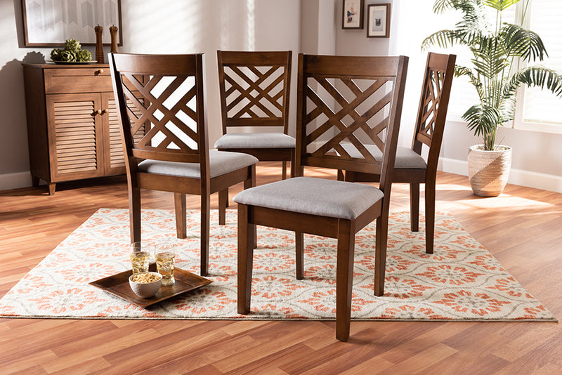 Iden Modern and Contemporary Gray Fabric Upholstered Walnut Brown Finished 4-Piece Wood Dining Chair Set Set