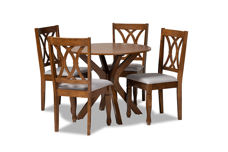 Linn Gray Fabric Upholstered and Walnut Brown 5-Piece Dining Set Baxton