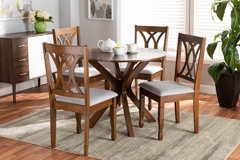 Linn Modern and Contemporary Gray Fabric Upholstered and Walnut Brown Finished Wood 5-Piece Dining Set