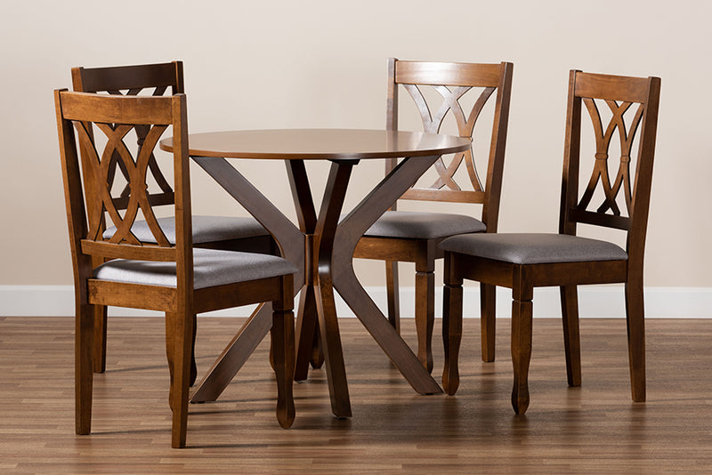 Linn Modern and Contemporary Gray Fabric Upholstered and Walnut Brown Finished Wood 5-Piece Dining Set