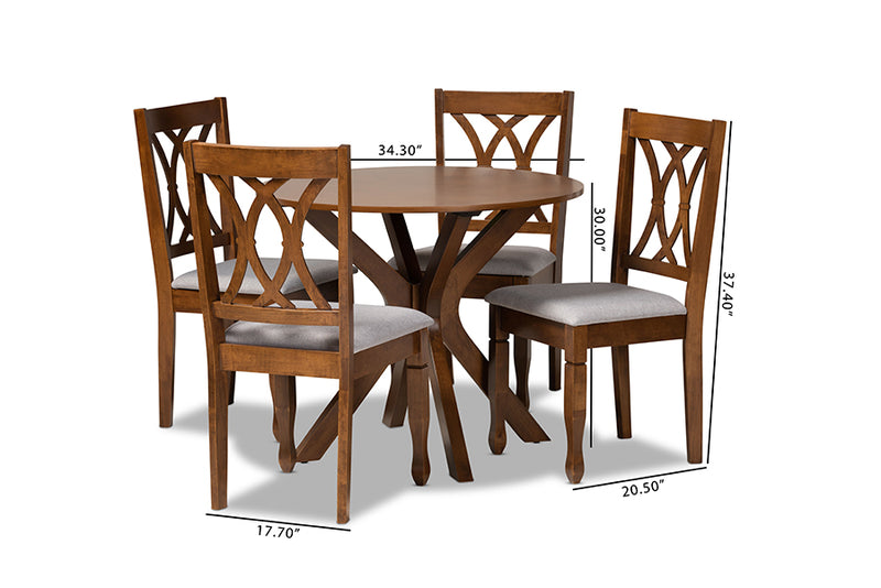 Linn Modern and Contemporary Gray Fabric Upholstered and Walnut Brown Finished Wood 5-Piece Dining Set