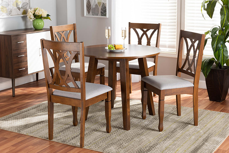 Acosta Modern and Contemporary Gray Fabric Upholstered and Walnut Brown Finished Wood 5-Piece Dining Set